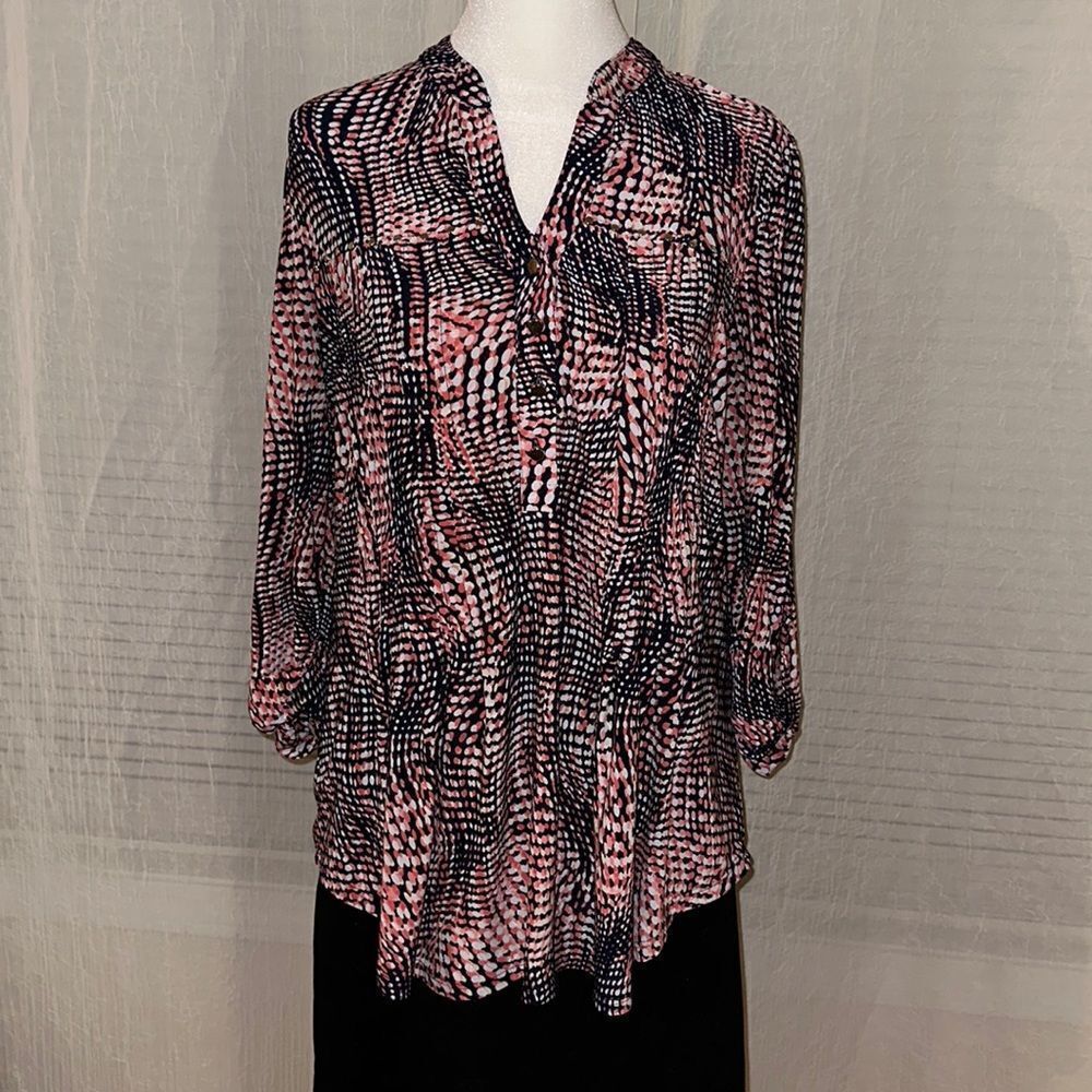 VERA ROSE L V-Veck Navy Coral Pink White Quarter Sleeve Jersey Top